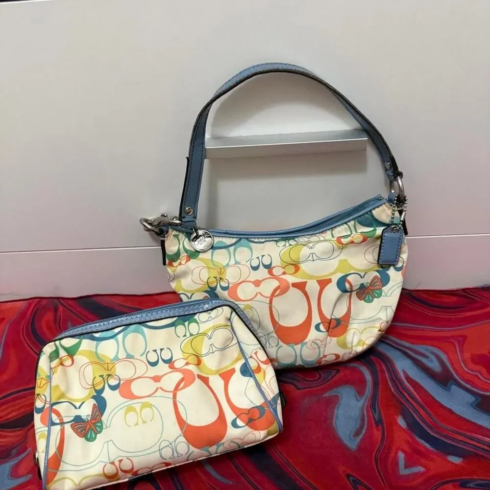 2 Piece Bundle Coach Scribble Multi-Color Monogram Demi Bag & Pouch Set 🦋🩵